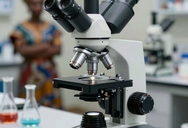 A high-precision optical microscope on a clean laboratory desk. The focus is sharp on the lenses, with a soft-focus West African / Malian scientific environment in the background.