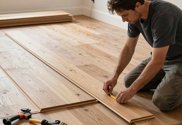 Close-up of a craftsman installing wooden flooring with detailed tools.