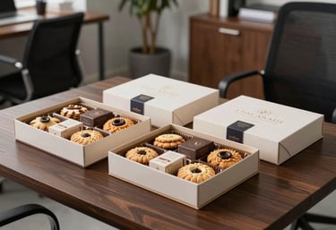 Elegant corporate gift boxes filled with artisanal cookies and branded sweets, presented on a dark wood table in a modern French office setting.