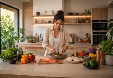 Preparação de refeição saudável com vegetais, salmão e alimentos naturais