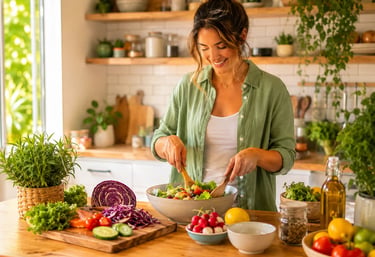 Mulher preparando salada com alimentos frescos