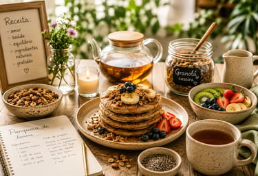Café da manhã saudável com panquecas e frutas