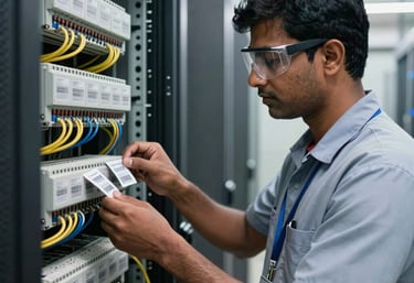 A professional South Asian / Indian technician wearing safety gear, scanning barcode tags on server cables and electrical panels, in a modern storage yard.