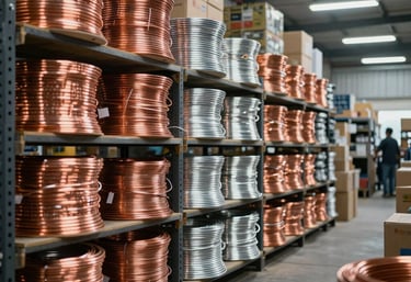 A spacious and organized warehouse in Tiruppur, South Asian / Indian region, with neatly stacked, sorted copper, aluminum cables, and server boxes, bright interior light.