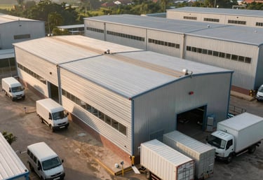 An overview of a secure metals depot, with transport vehicles parked outside under the warm Tiruppur sun, clean and modern eco-industrial aesthetic.