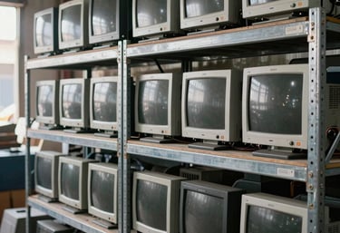 Rows of decommissioned desktop monitors, CPUs, and electronic scrap neatly categorized on steel industrial shelving inside a recycling depot in a South Asian / Indian town. Balanced day lighting.