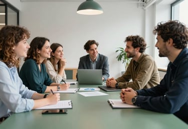 A group of cheerful colleagues discussing creative concepts around a large matte forest green table in a bright, modern Northern European / Scandinavian office.