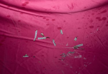 Handwritten paper slips scattered on a stained pink fabric surface for ritual or spell work.