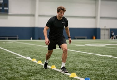 A wide shot of a male athletic trainer setting up agility cones on a professional indoor turf field, clean boutique environment, North American style.