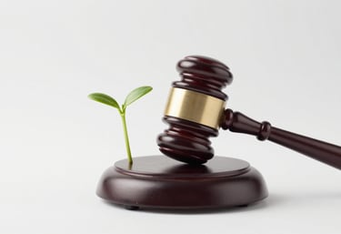 An evocative image of a legal gavel resting beside a delicate, blooming sprout. The composition uses a clean, bright style with #F6F4F0 and #B7B0A9 tones.