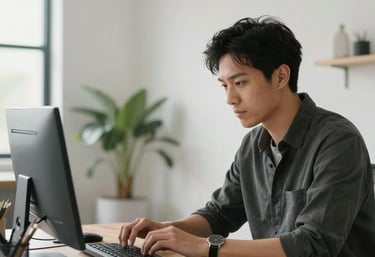 A North American creative professional at work in a bright, modern studio with clean lines and sophisticated decor, capturing a sense of strategic focus.