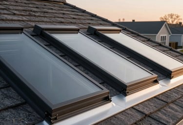 A completed modern residential roof with skylights and pristine flashing, North American / US architecture, crisp evening lighting.