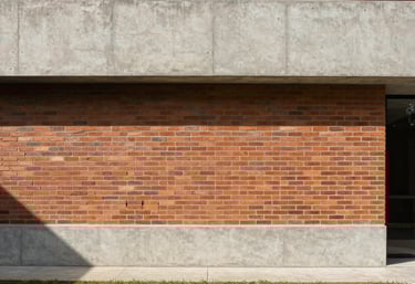 A minimalist architectural shot of a finished concrete and brick facade, modern Sul Americano / Brasileiro design, clean lines, sunlight casting soft shadows, professional finish.
