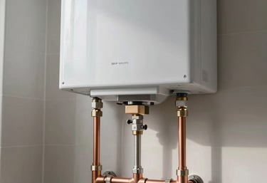 A photograph of a newly installed, sleek silver water heater in a well-lit North American / US utility room, clean copper piping connections, showcasing high-quality professional installation.