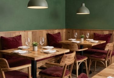 A cozy Scandinavian-style restaurant dining room with warm wooden furniture, forest green walls, and deep ripe crimson accent pillows.