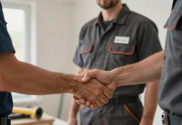 A close-up shot of a professional handshake between a plumber and a homeowner in a Northern European / German / Hamburg setting. The plumber wears a dark slate uniform with a visible name badge. The atmosphere is warm and professional.