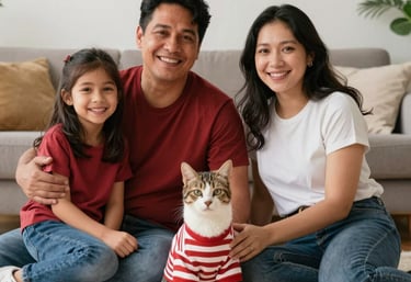 Una familia feliz con una hija pequeña y su gato mascota, con una camisa de rayas.