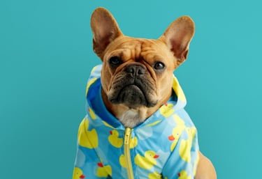 Un adorable bulldog francés con un impermeable azul y patitos de goma amarillos sobre un fondo turquesa.