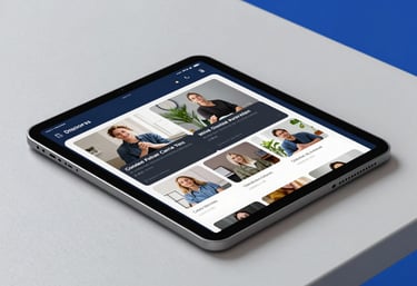 A digital tablet displaying an interactive online course interface with video modules, lying on a clean desk with soft mist white and royal blue accents.