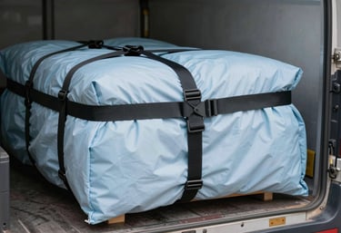 Close up of heavy-duty straps and protective pale blue blankets securing furniture inside a moving truck, emphasizing safety.