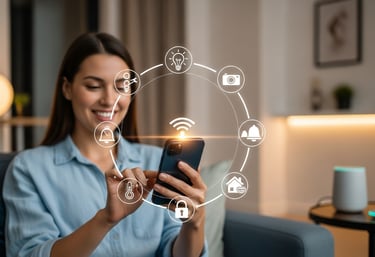 woman controlling her smarthome automations service from her mobile phone