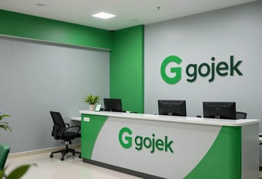 An organized and welcoming reception area of a Gojek service center in Indonesia, clean lines, mist grey and emerald green branding on walls, photography.