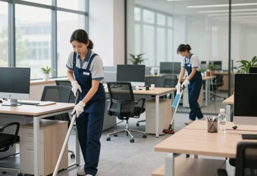 A sparkling clean office space with sunlight streaming through large windows.