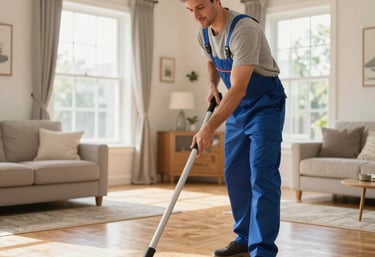 A friendly cleaner carefully wiping a kitchen countertop in a bright, cozy home.