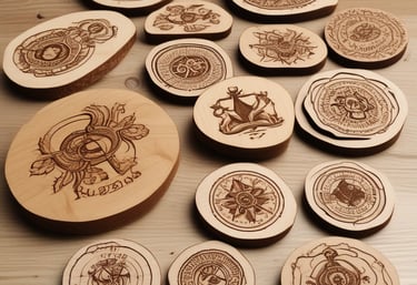 Personalized wooden and metal products displayed on a rustic wooden table.