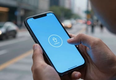 A photograph of a person using a high-tech interface on a smartphone in a modern urban North American setting. The screen glow is sky blue, matching the brand colors.