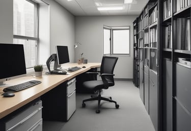 A moving truck being loaded with office furniture by skilled workers.