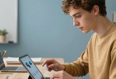 A student using a tablet in a bright studio, focusing on design work, soft blue and golden tan colors in the background, European office style.