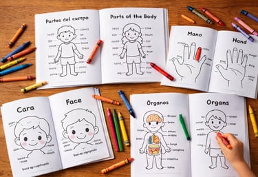 Libros para colorear bilingües de las partes del cuerpo para niños, con crayones sobre una mesa de m