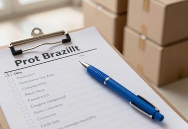 A close-up of a professional checklist on a clipboard with a Soft Blue pen, next to neatly stacked moving boxes, soft morning light in a Brazilian apartment.