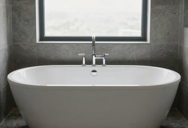 A wide photography shot of a luxury master bathroom featuring a freestanding white tub on a dark stone floor, soft natural light from a window.
