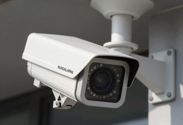 Close-up of a modern security camera mounted on a sleek black wall.