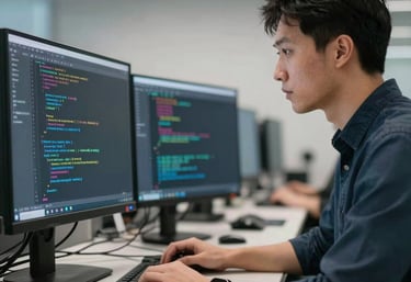 Network security expert examining code on a high-definition monitor in a brightly lit, professional technical center.