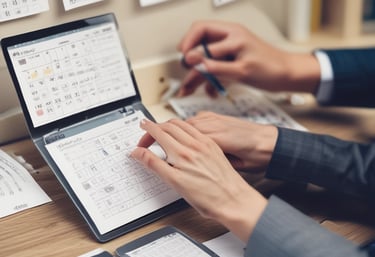 A business owner happily interacting with an AI assistant on a laptop.