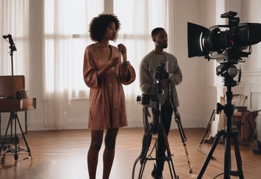 A filmmaker capturing a stunning luxury property with cinematic lighting and a professional camera setup.