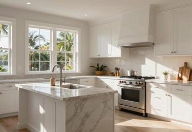 An interior shot of a high-end Florida kitchen remodel, showing clean white lines, marble countertops, and warm sunbeams through large windows, North American home style.
