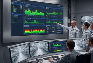 Engineers monitor industrial data and security footage in a modern control room.