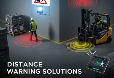 A forklift driver safely navigates an industrial warehouse with a distance warning system, showing blind spot detection and