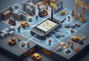 Industrial location tracking solutions showing GPS mapping of workers and construction machinery on a digital device.