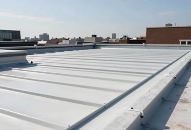 A completed high-end commercial roof in New York City, industrial-grade steel and white finish, clean lines under a bright clear sky.