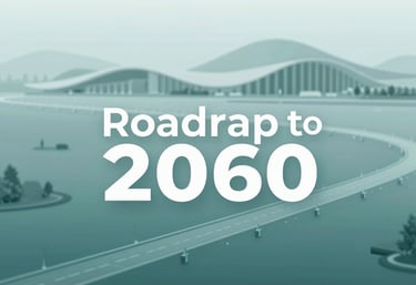 An architectural concept render of a futuristic 'Roadmap to 2060' in a clean digital style using #2C5D6C teal and #8DBEB7.