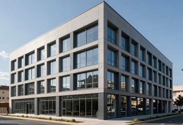 Wide shot of a completed modern commercial building in Provence, France, featuring clean lines, glass windows, and a grey facade under a clear blue sky.