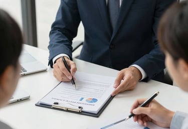 A confident financial advisor discussing plans with a smiling client in a modern office setting.