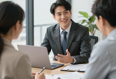 A professional advisor discussing insurance options with a client in a modern office.