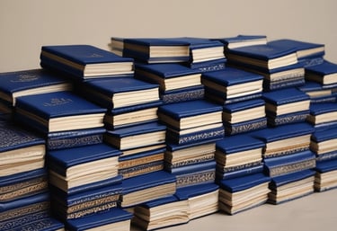 A calm study corner with navy blue and beige decor, featuring an open Quran and notes.