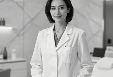 Elegant dark-themed image showing a confident aesthetic clinic professional consulting a satisfied patient.